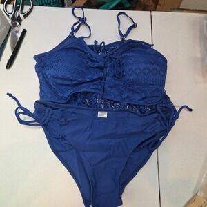 Luna Wave Blue Lace Ruffle Bikini Set Size Large Adjustable Tie Sides New